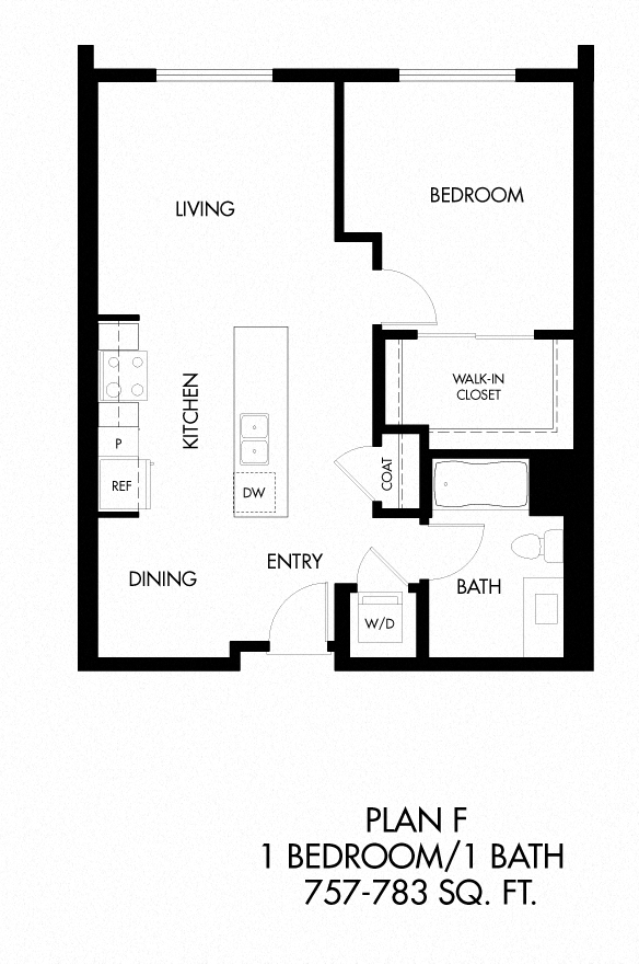Floor plan for 1 bed, 1 bath, 757 sqft